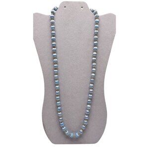 Vintage Blue Satin Bead Necklace With Gold Tone Spacers No Clasp
